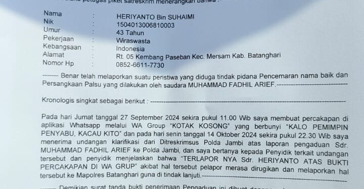 Warga Batanghari Lapor Balik Muhammad Fadil Arief Ke Mapolres Batanghari